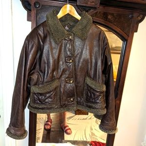 Calafate  Aviator Vintage Leather Bomber Jacket 4 button brown women large